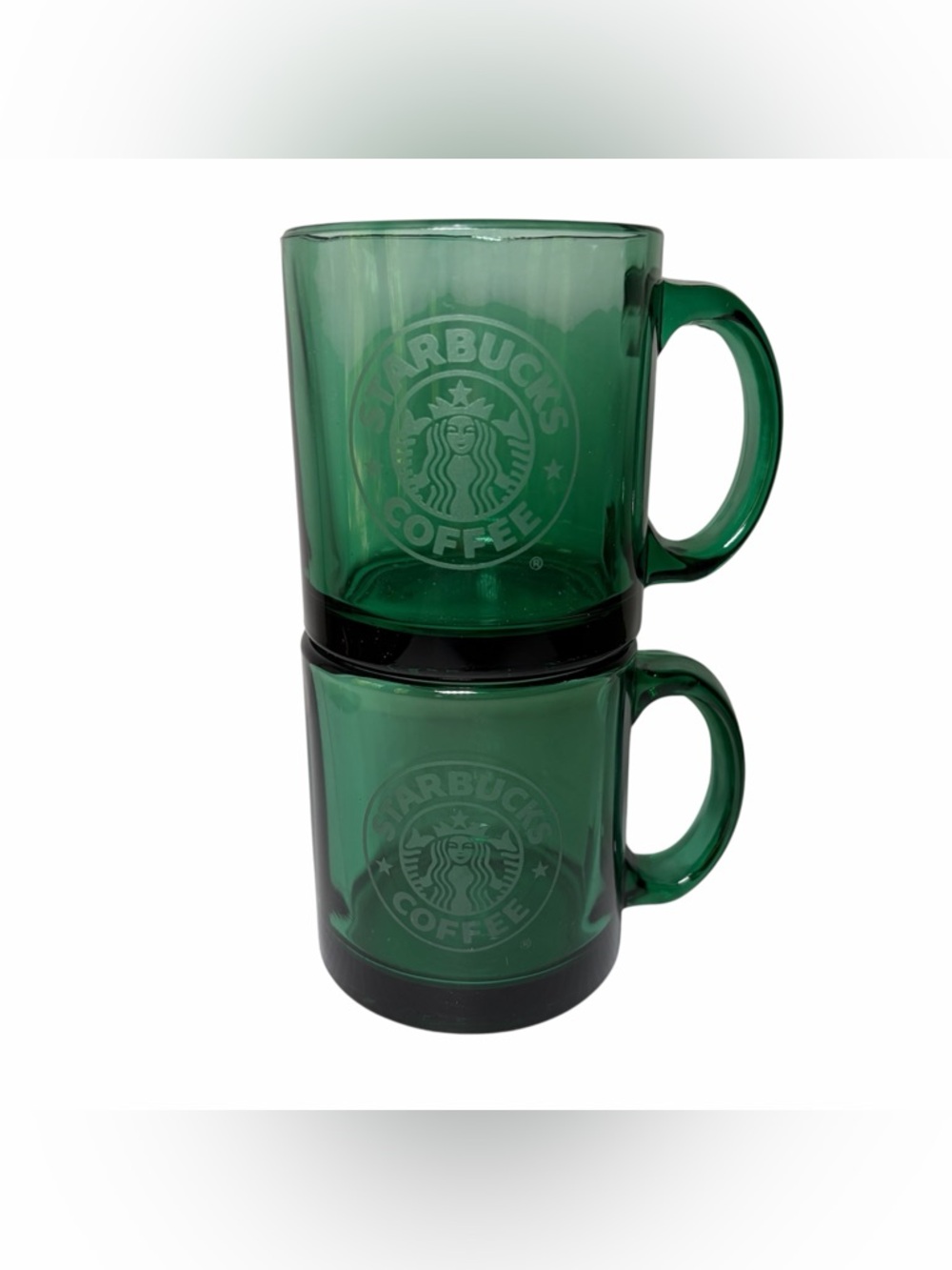 2 Vintage Starbucks Green Glass Coffee Mugs Siren Mermaid Logo Etched USA 90s